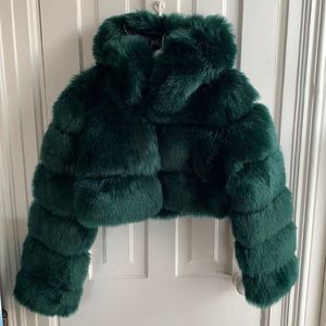 Green Faux Fur Hooded Cropped Jacket Coat